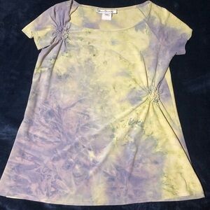 Ran Designs Pastel Tie-Dye Short Sleeve Blouse Tunic Top Blue Purple Yellow